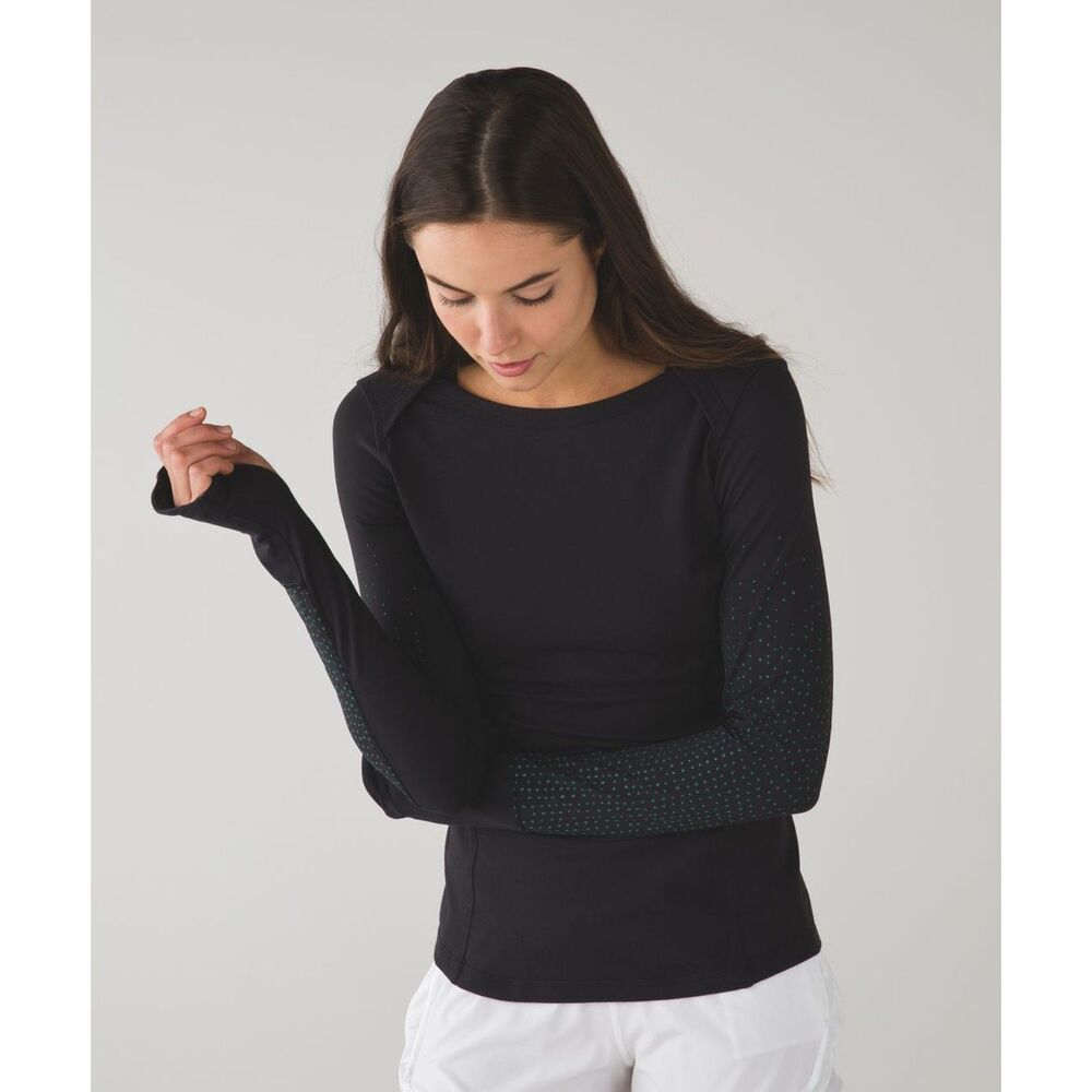 NWT. Lululemon $98 Kanto Catch Me Rulu Long Sleeve Top, Black Reflective, Size 4